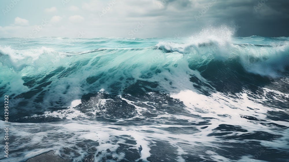 Poster a large wave is breaking over the ocean on a cloudy day. generative ai