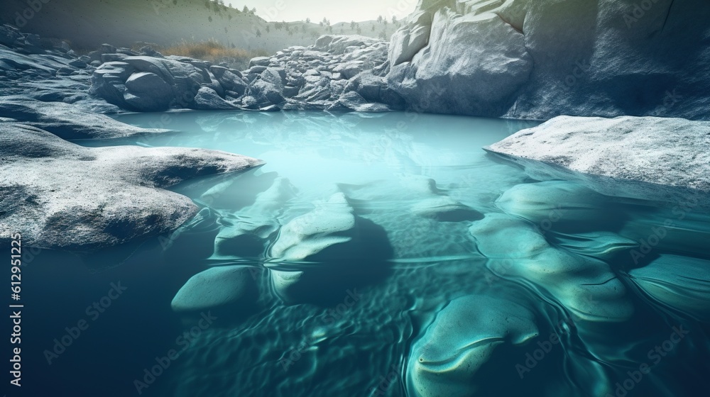 Poster a 3d rendering of a pool of water surrounded by rocks. generative ai