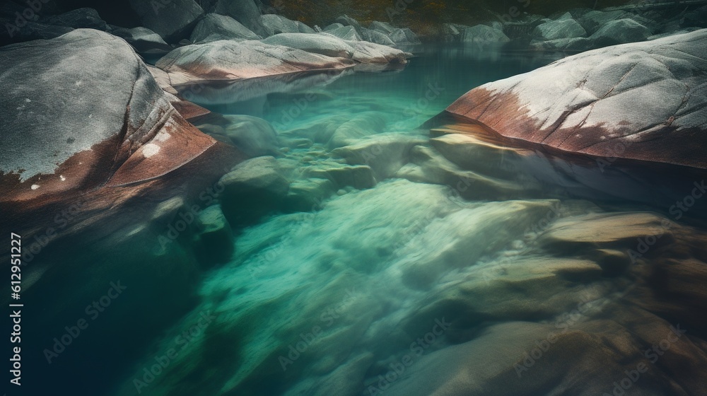 Poster a stream of water running between rocks in a river bed. generative ai