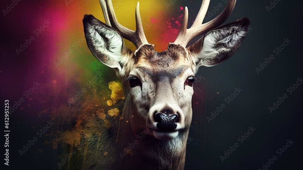 Poster a close up of a deer's head with a multicolored background. generative ai