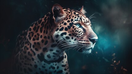 Fototapeta na wymiar a close up of a leopard on a dark background with leaves. generative ai