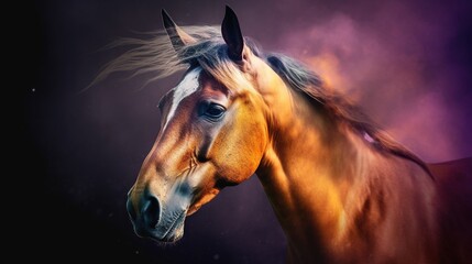 Fototapeta na wymiar a brown horse with long mane standing in front of a purple background. generative ai
