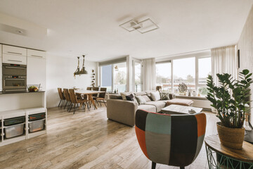 a living room with wood flooring and large windows looking out onto the cityscapea is in the background