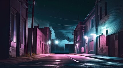  a dark alley way with a street light and buildings on either side.  generative ai