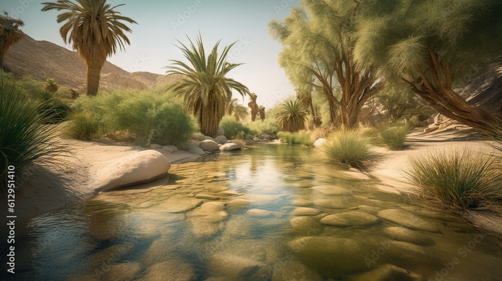 Aufkleber a river surrounded by palm trees in a desert area with rocks and grass. generative ai