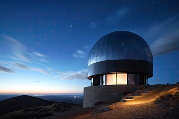 Observatory on the top of hill with starry night