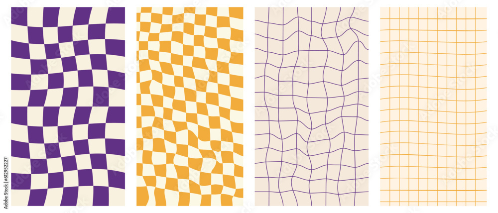 Wall mural groovy hippie 70s vector backgrounds set. chessboard and twisted patterns. backgrounds in trendy ret