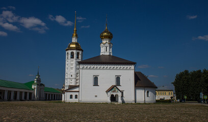 Suzdal, Vladimir Region, Russia - August, 18, 2022: white-stone Resurrection Church on the main...