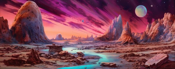 Above a group of rocks, a colorful sky paints the fantasy planet  desert