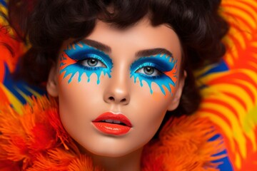 pretty woman in orange carnival costume with blue eye makeup created with Generative AI technology