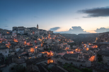 Matera city skyline, the ancient town of Matera at sunrise or sunset, Matera, Italy