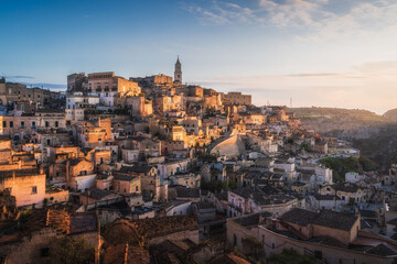 Matera city skyline, the ancient town of Matera at sunrise or sunset, Matera, Italy