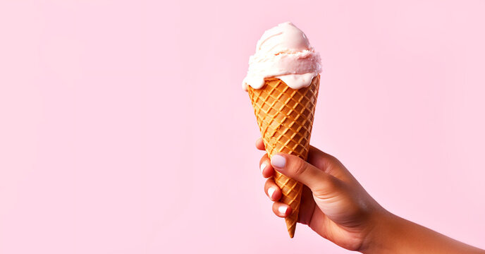Woman holding waffle cone with delicious ice cream on light pink background. Generative Ai content
