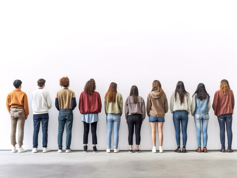 group of multiracial people standing with their backs in a row against a light background.  Diverse young men and women in casual clothes look at the wall. concept of international friendship