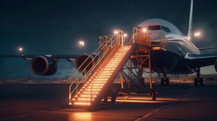 Fototapeta na wymiar White passenger plane with stairs on the airport platform, night view. Generative AI