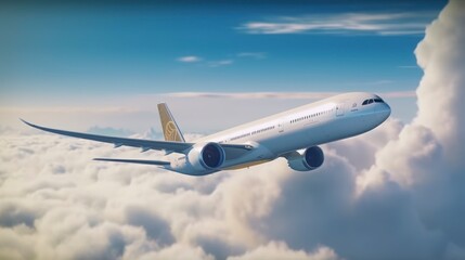Fototapeta na wymiar Airbus 777 flying in the air, beautiful sky, aircraft passing through the clouds, super realistic, 8K, AI generative