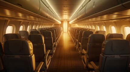 Fototapeta premium Airplane cabin interior. Airline passenger chairs and aisle in airplane cabin Generative AI
