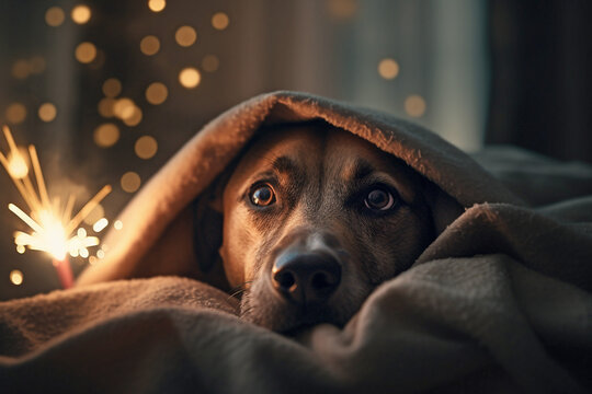 Scared dog hiding under blanket. Generative AI illustration