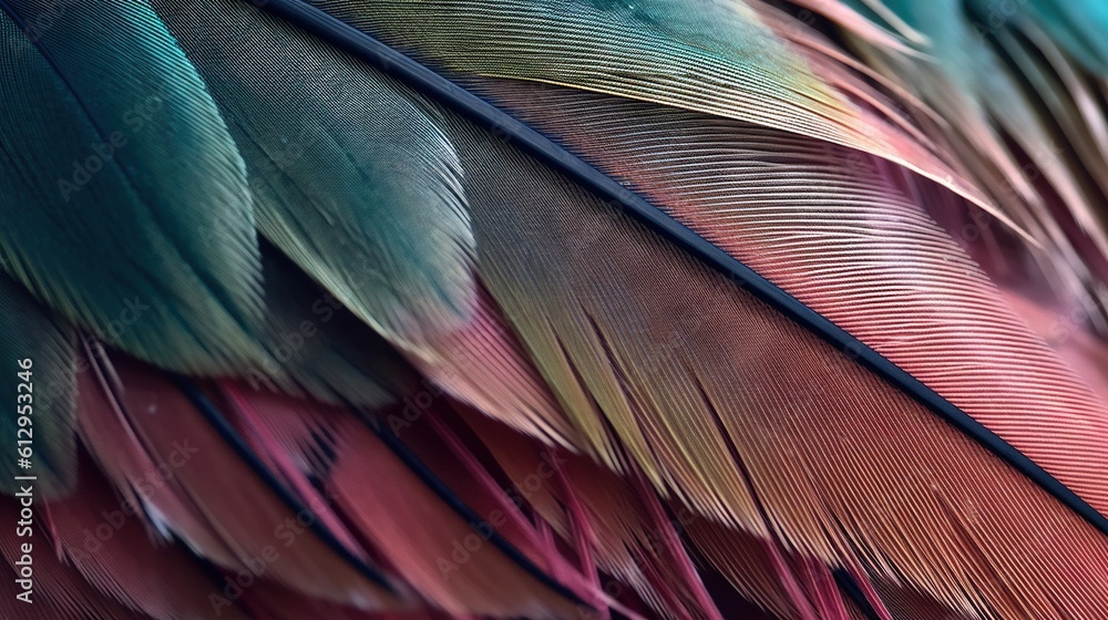 Poster a close up of a multicolored bird's feathers. generative ai