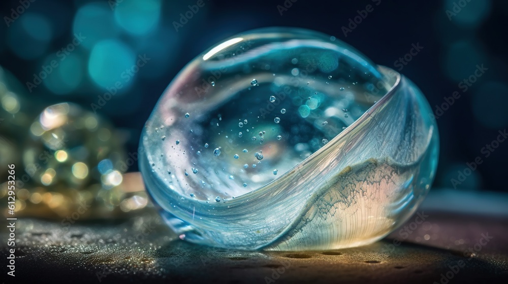 Poster a close up of a glass ball on a table with water droplets on it. generative ai