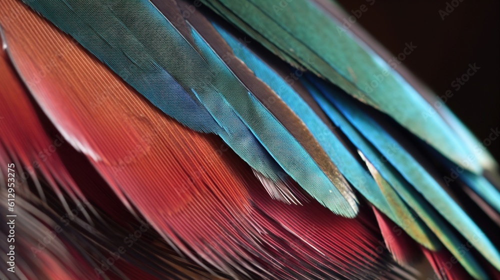 Poster a close up of a multicolored bird's feathers. generative ai