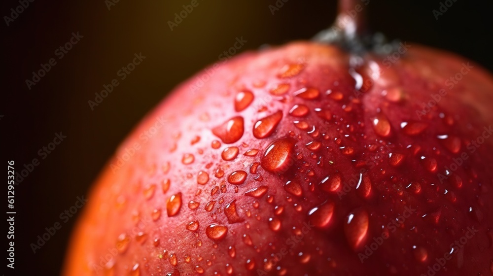 Poster a close up of a red apple with water droplets on it. generative ai