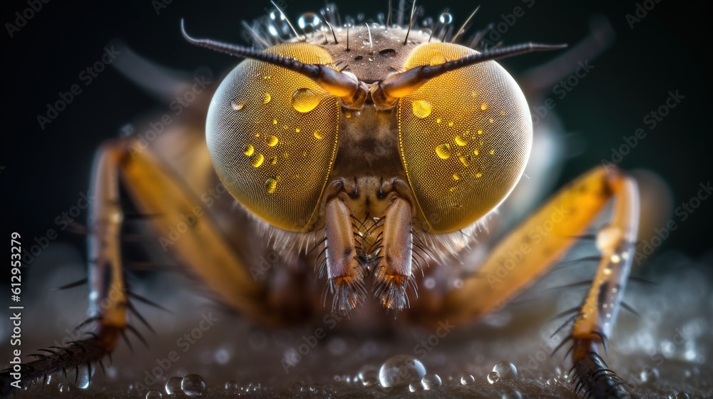 Poster a close up of a bug with drops of water on it. generative ai