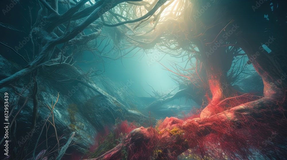 Poster a painting of a forest filled with lots of trees and branches. generative ai