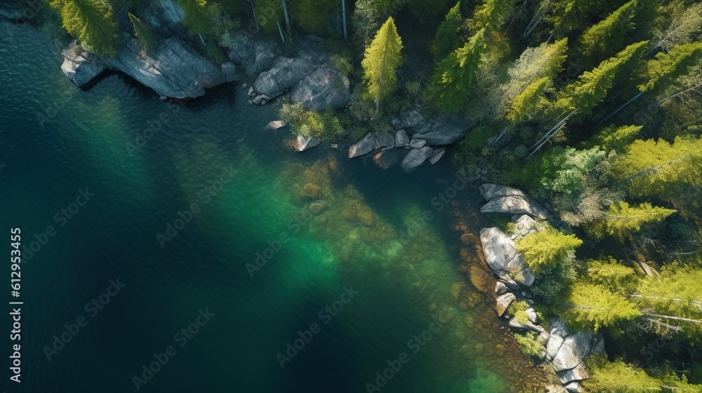 Poster an aerial view of a lake surrounded by trees and rocks. generative ai