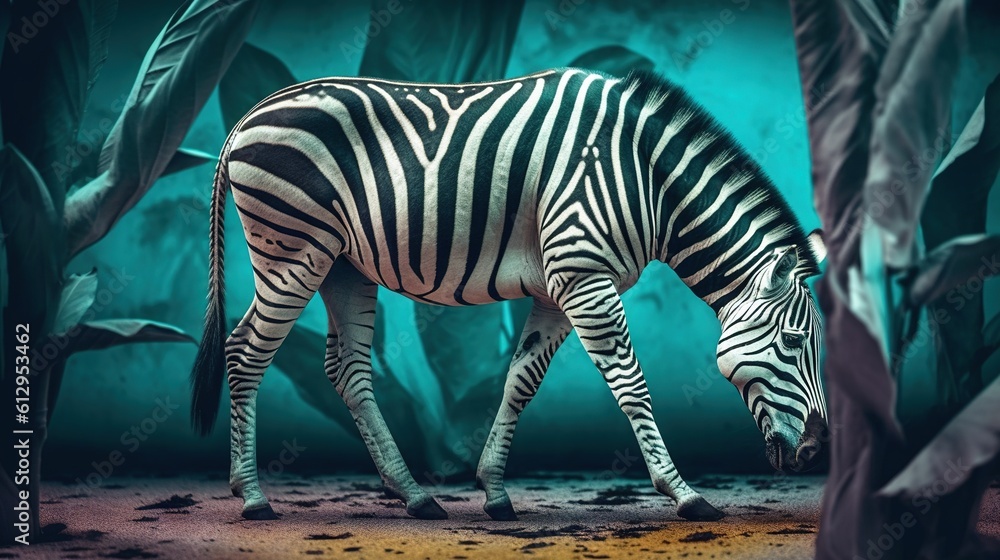 Poster a zebra is standing in the middle of a forest of trees. generative ai