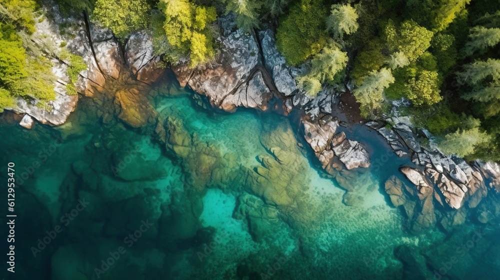 Poster an aerial view of a lake surrounded by trees and rocks. generative ai