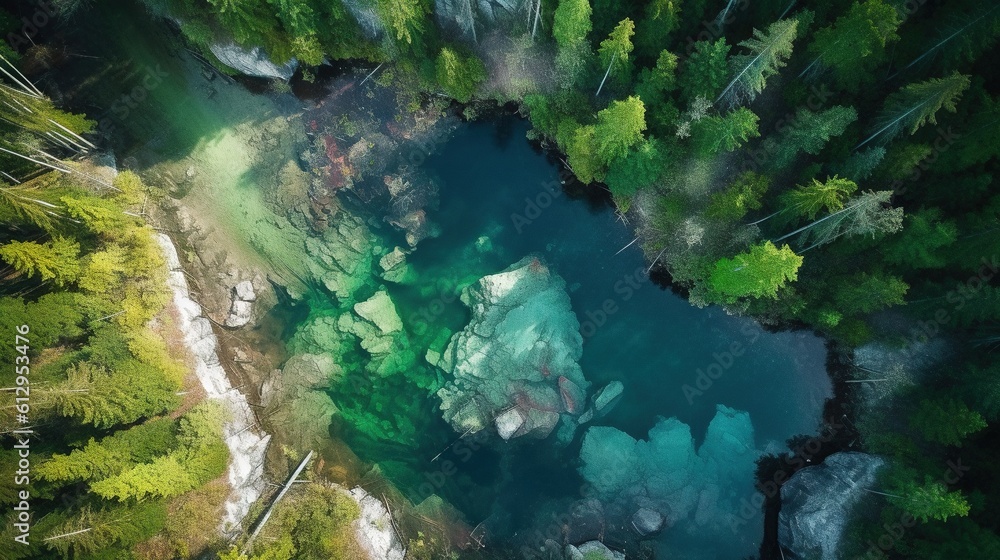 Poster an aerial view of a river surrounded by trees and rocks. generative ai