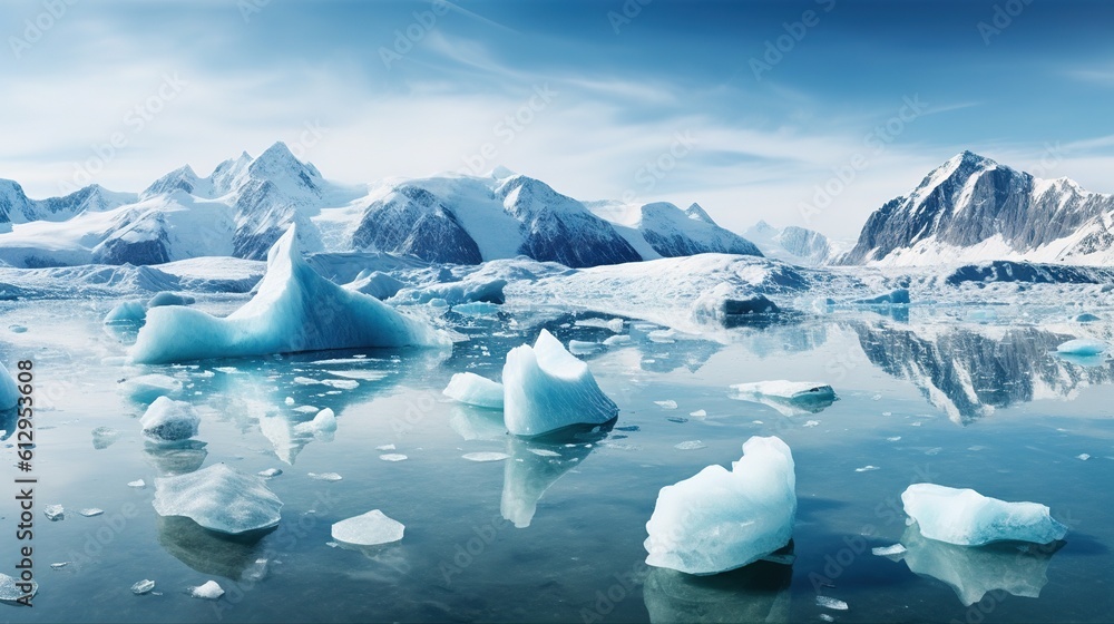 Poster a group of icebergs floating in a lake surrounded by mountains. generative ai