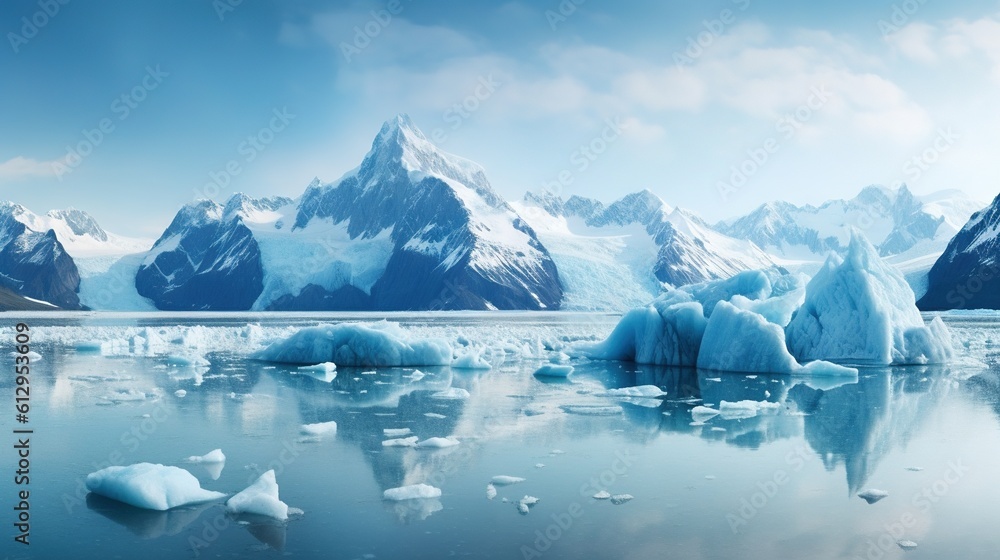 Poster an iceberg floating in the ocean with mountains in the background the sky is visible at the top of t