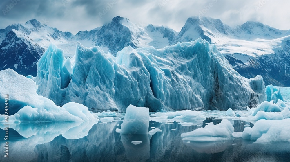 Aufkleber a group of icebergs floating in a lake surrounded by mountains. generative ai