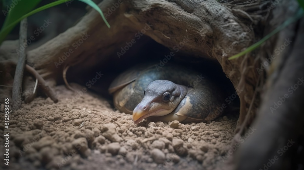 Poster a snake is hiding in the dirt under a tree branch. generative ai