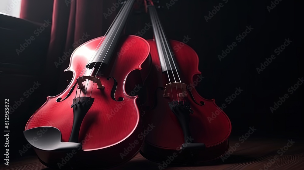 Poster two red cellos sitting side by side on a table. generative ai