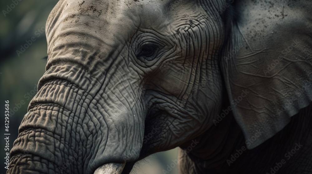Poster a close up of an elephant with trees in the background. generative ai