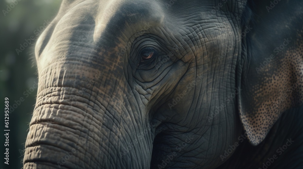 Poster a close up of an elephant's face with trees in the background. generative ai