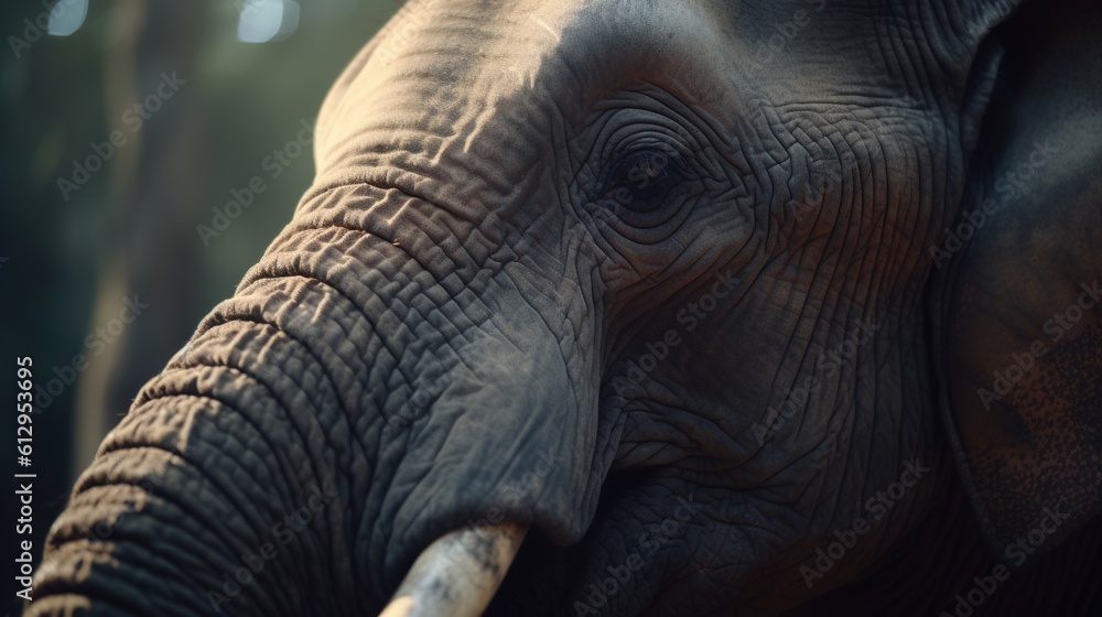 Poster a close up of an elephant's face with trees in the background. generative ai