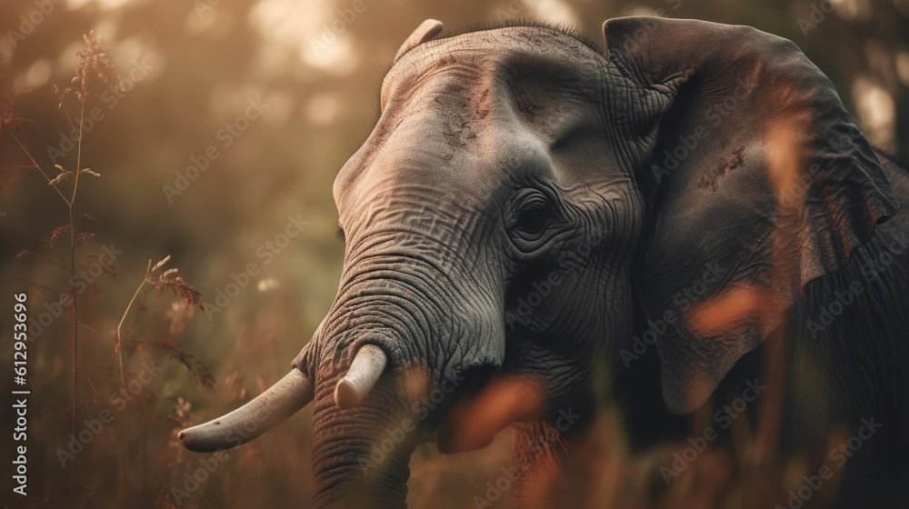 Poster an elephant standing in a field of tall grass with trees in the background. generative ai