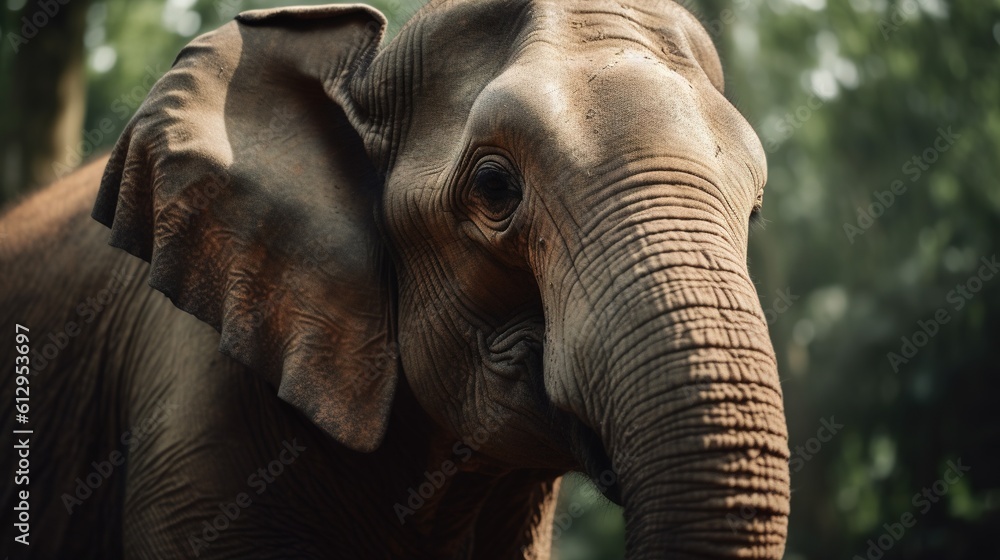 Poster a close up of an elephant with trees in the background. generative ai