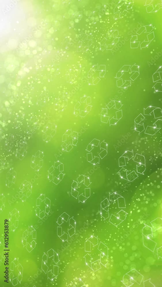 Poster sunny green bokeh with recycle icons pattern loop motion. concept ecology and environment.