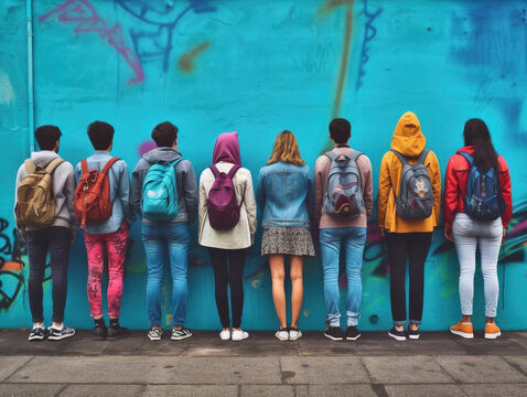 A group of multiracial teenagers standing with their backs in a row against a blue wall background. The concept of difficult teenagers.