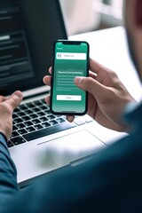 In this image, a person is using two-factor authentication (2FA) to access an online account. The person is holding a smartphone displaying a prompt requesting a verification code.