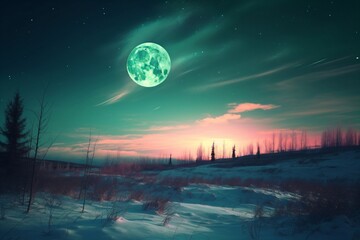 green glowing full moon in the sky over a snowy landscape created with Generative AI technology