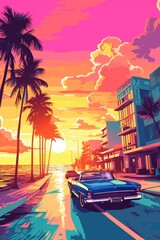 Fototapeta na wymiar Illustration of Miami beach in a vibrant 1980s retro synthwave style, watercolor masterpiece.