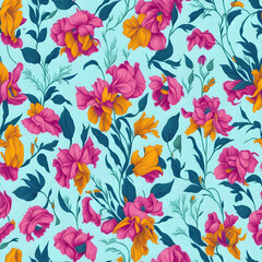 Obraz na płótnie Canvas Pattern of pink and yellow flowers on a blue background. Generative Ai
