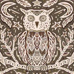 Fototapeta premium Night owl bird with an ornament, stars and moon. Hand-drawn Seamless pattern in shades of brown and earthy tones. Design for prints, postcards, fabric, textile