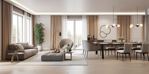 Fototapeta premium Panorama of luxury living room and dining area with sofa,armchair.3d rendering